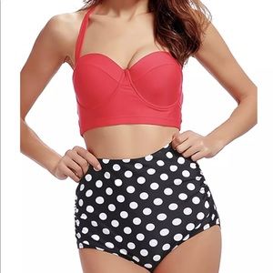High waisted polka dot Bikini with red top NWT